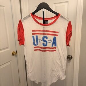 Modern Lux Patriotic USA Graphic Tissue Tee Red White &‎ Blue Large Sheer Soft